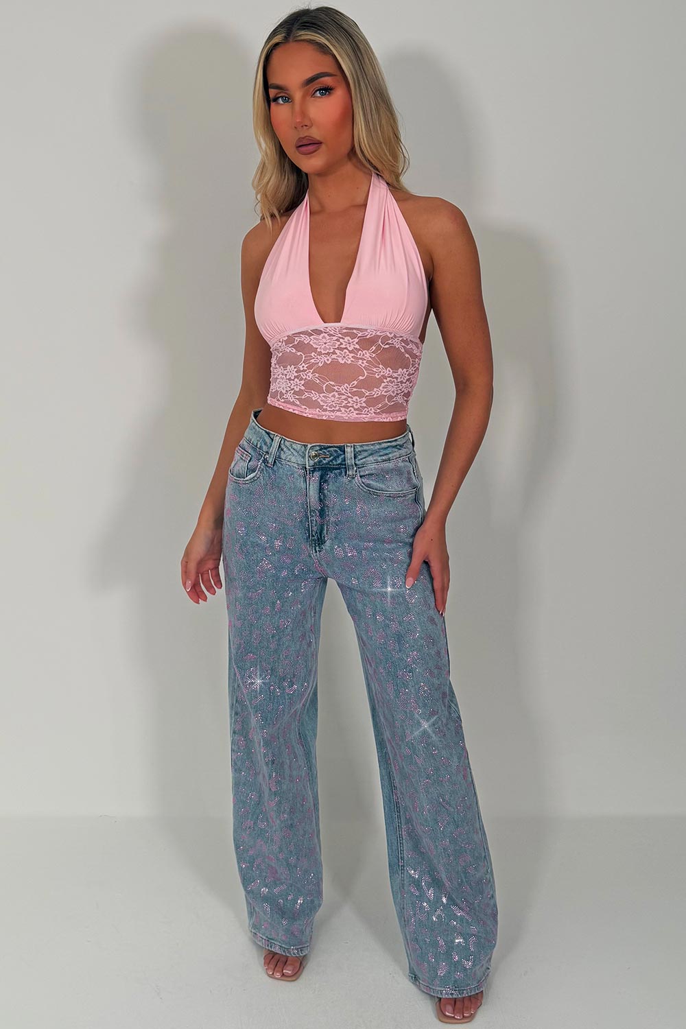 womens diamante rhinestone wide leg jeans uk