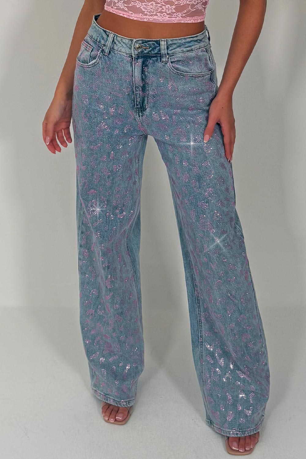 womens wide leg diamante rhinestone jeans uk