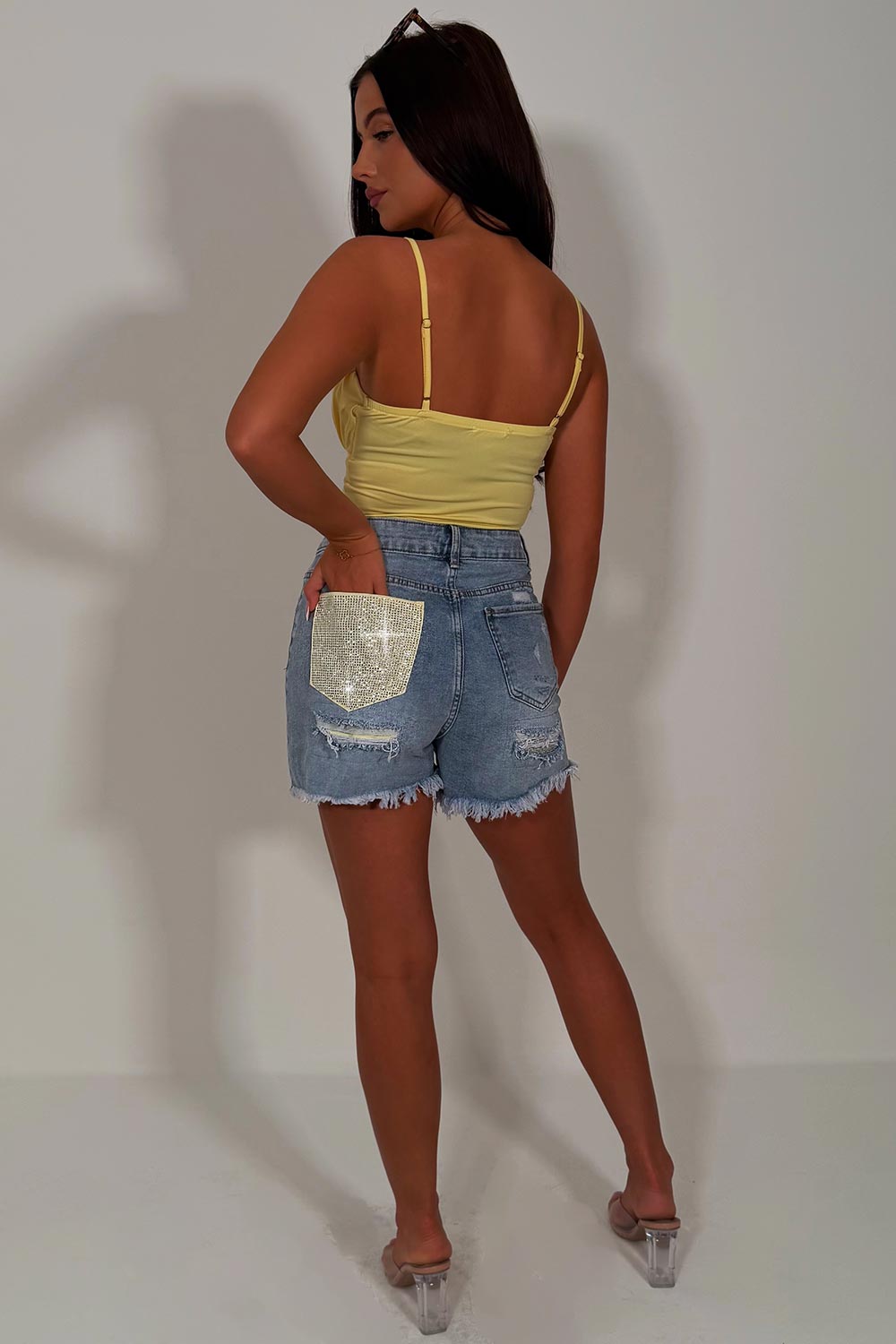 diamante rhinestone contrast pocket ripped denim shorts for womens zara uk sale