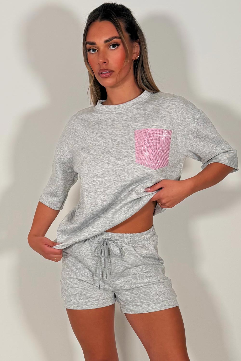 pink diamante rhinestone pocket tee shirt and shorts co ord set womens airport outfit uk styledup