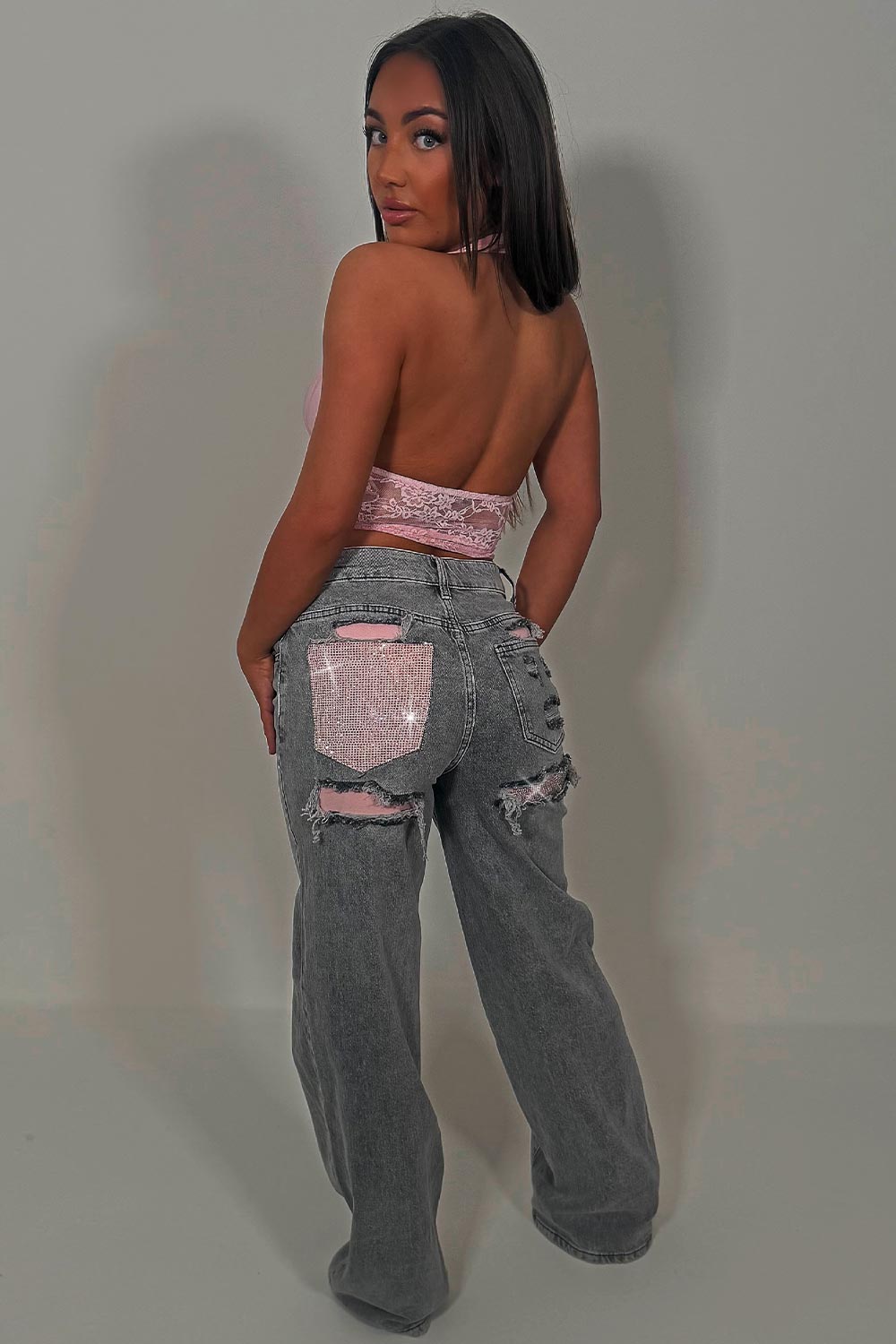 pink diamante rhinestone pocket wide leg jeans for women styledup uk