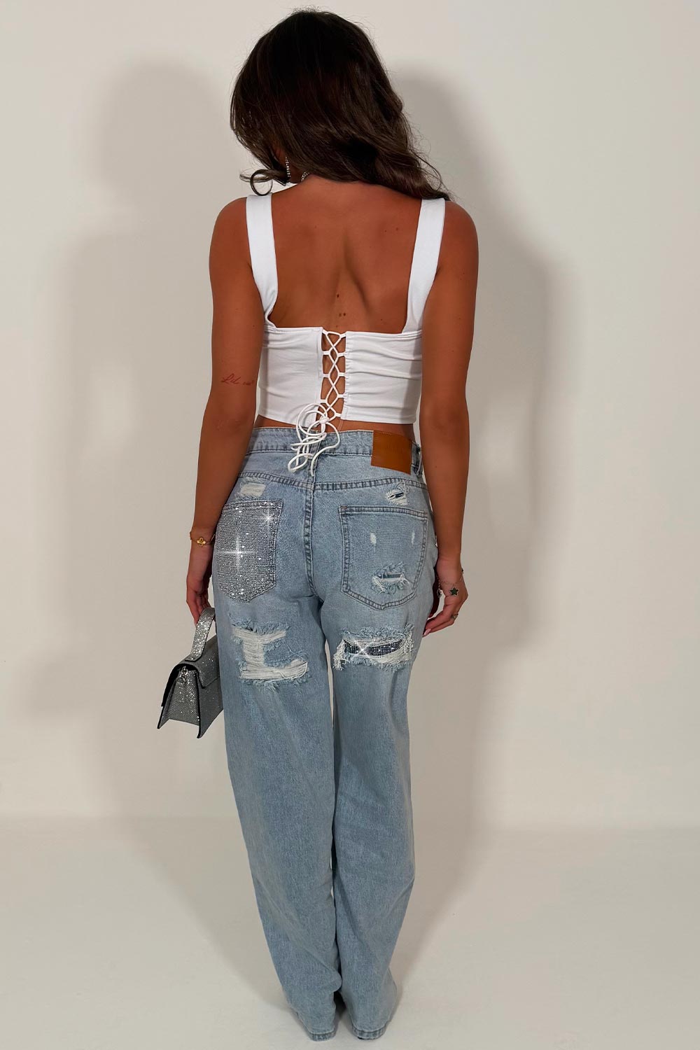 diamante rhinestone high waisted jeans denim blue womens