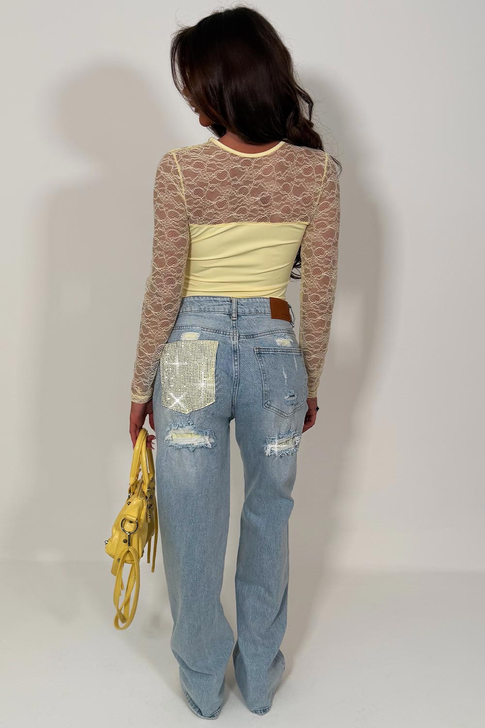 diamante rhinestone high waisted jeans denim blue womens styledup uk