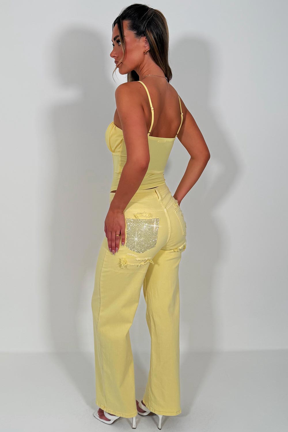 diamante rhinestone pocket relaxed oversize denim jeans yellow womens uk