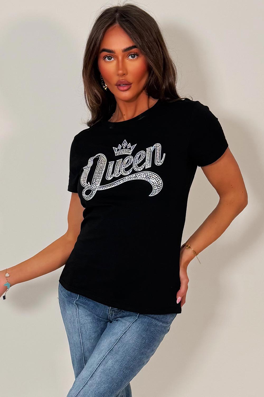 diamante queen rhinestone black baby tee shirt styledup fashion