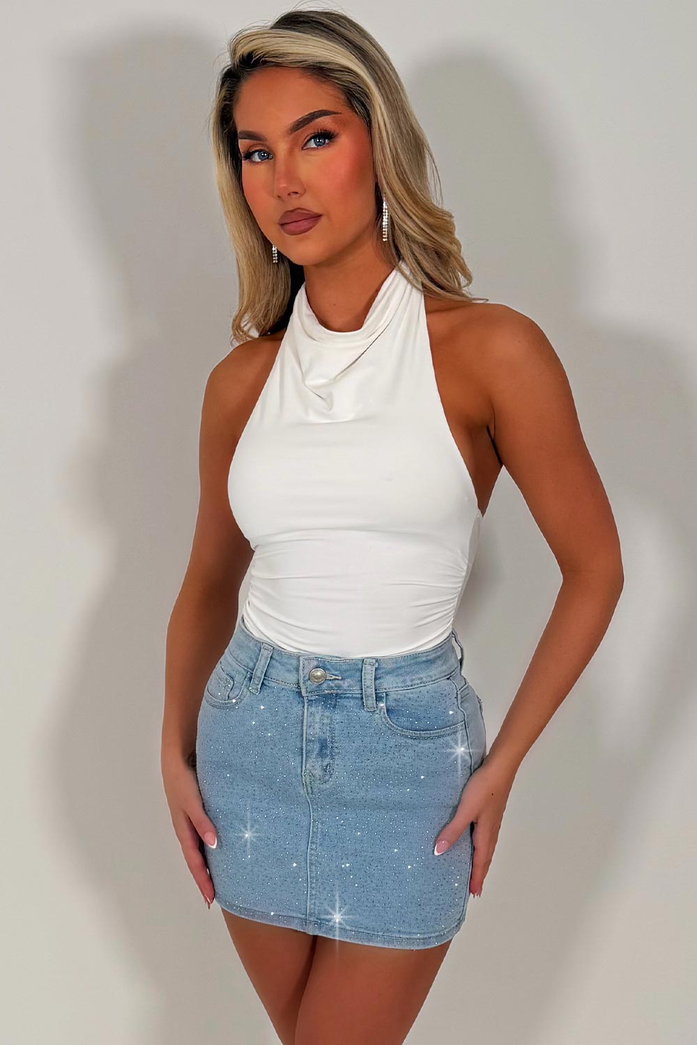 diamante rhinestone denim blue skirt womens uk trendy outfits