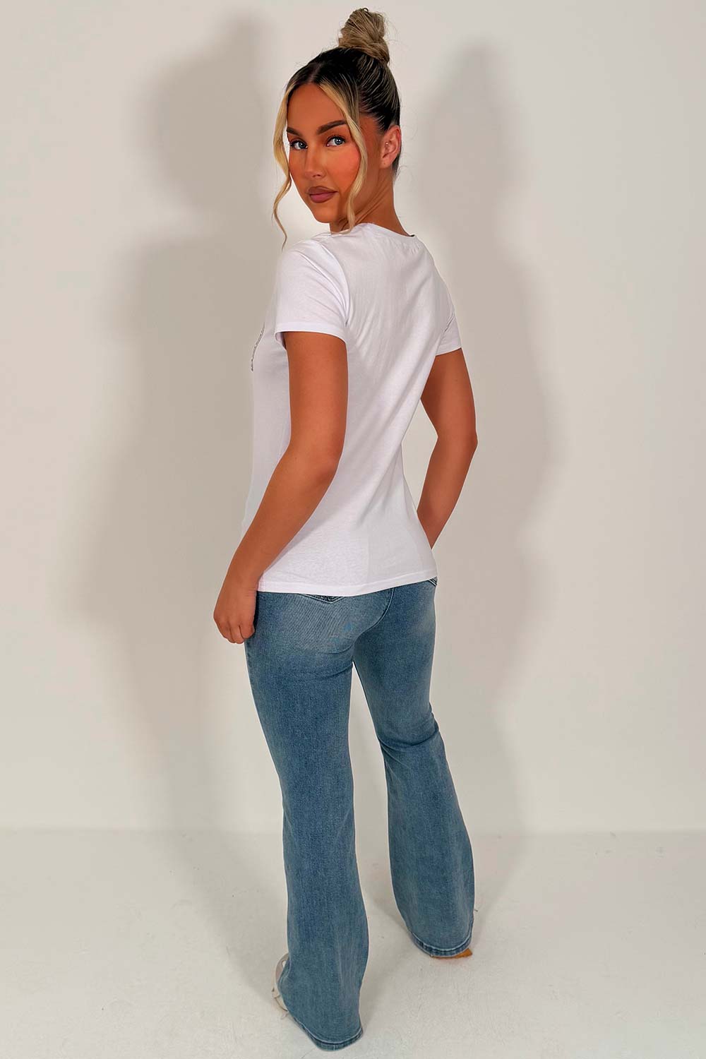 womens rhinestone diamante queen slogan embellishment t shirt white