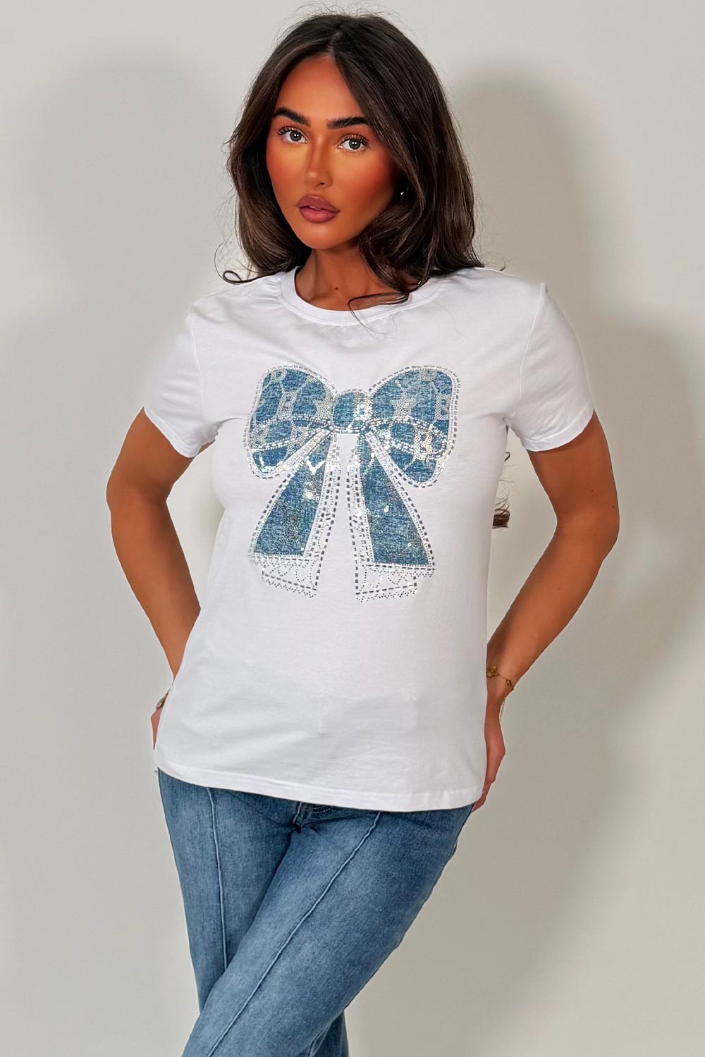 womens white t shirt with diamante rhinestone embellishment