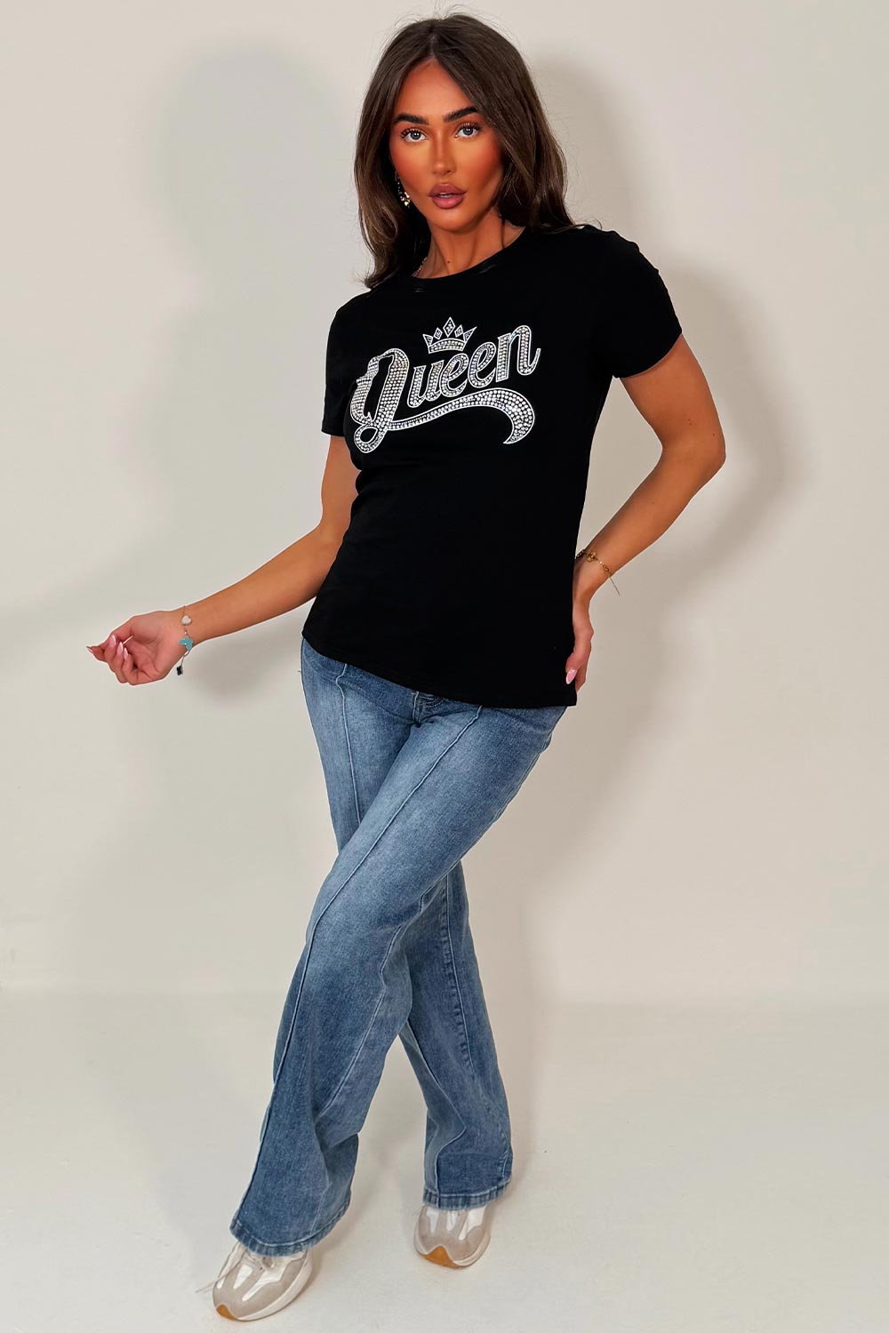 womens rhinestone diamante embellishment t shirt black styledup fashion