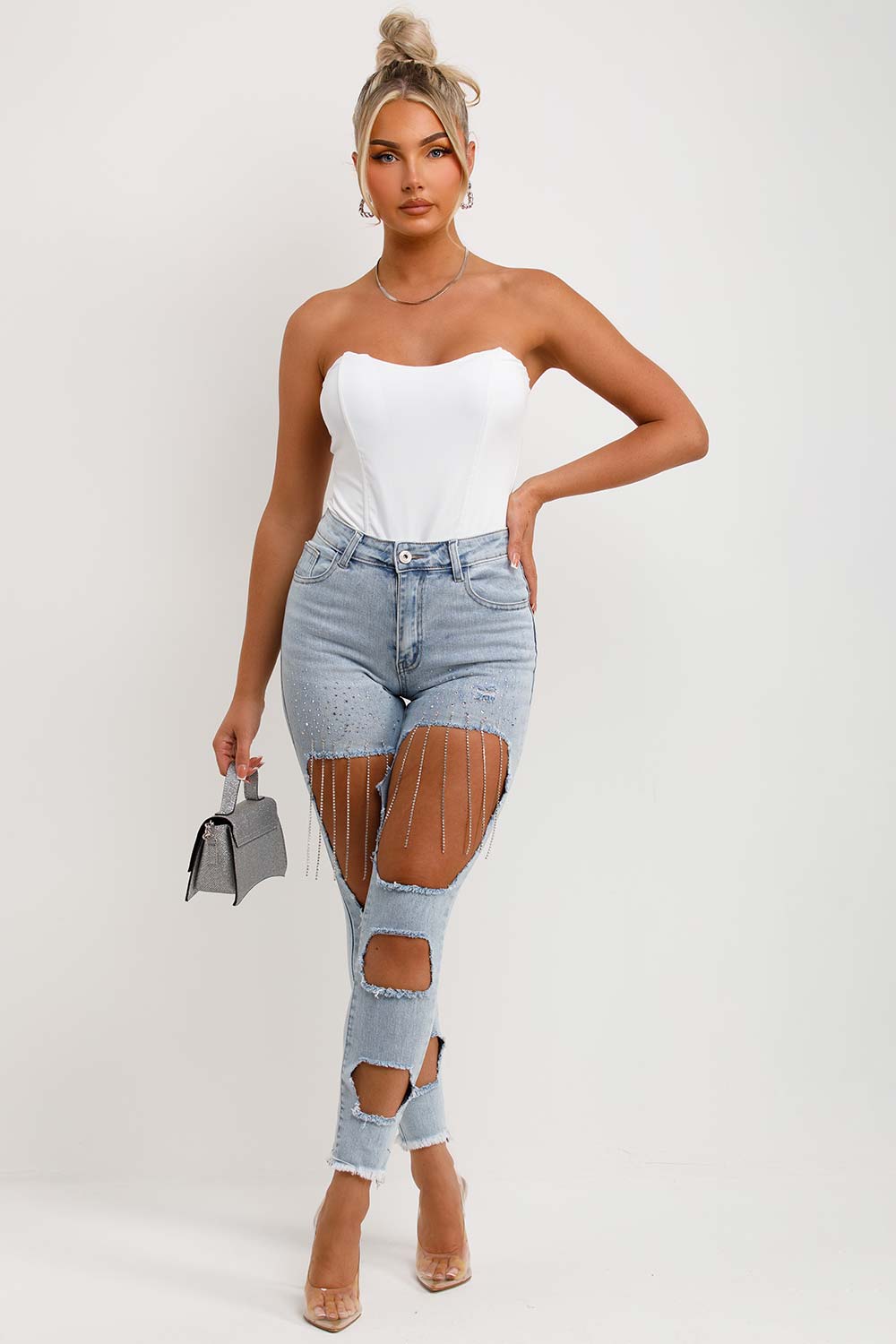 womens skinny high waisted diamante sparkly jeans light wash denim