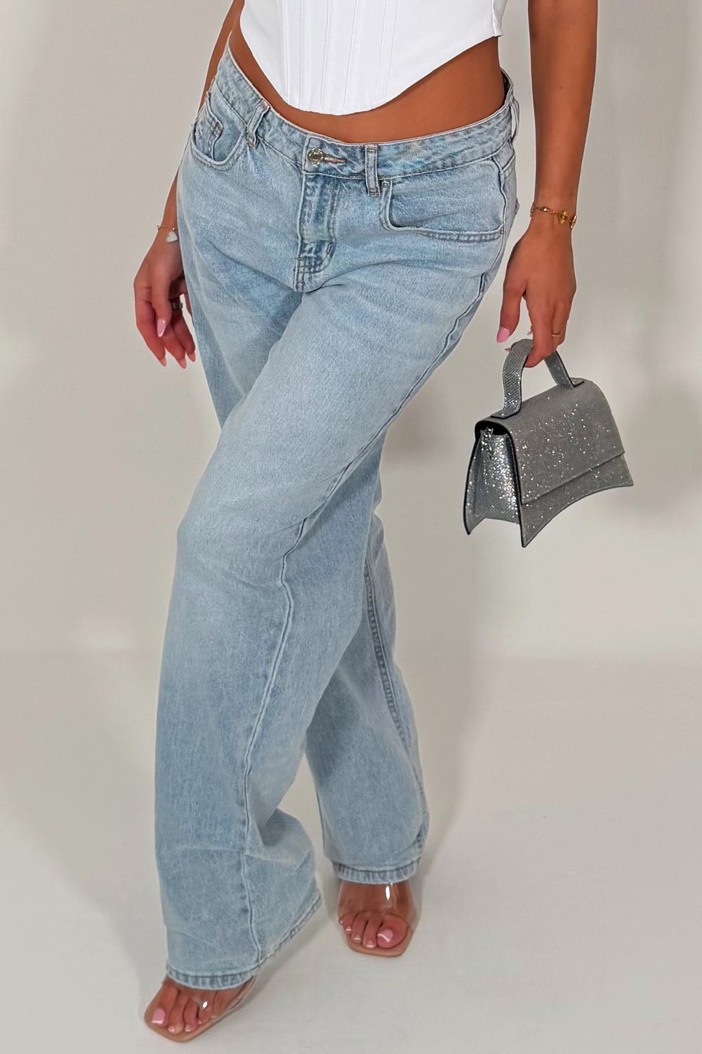 diamante rhinestone high waisted jeans denim blue womens