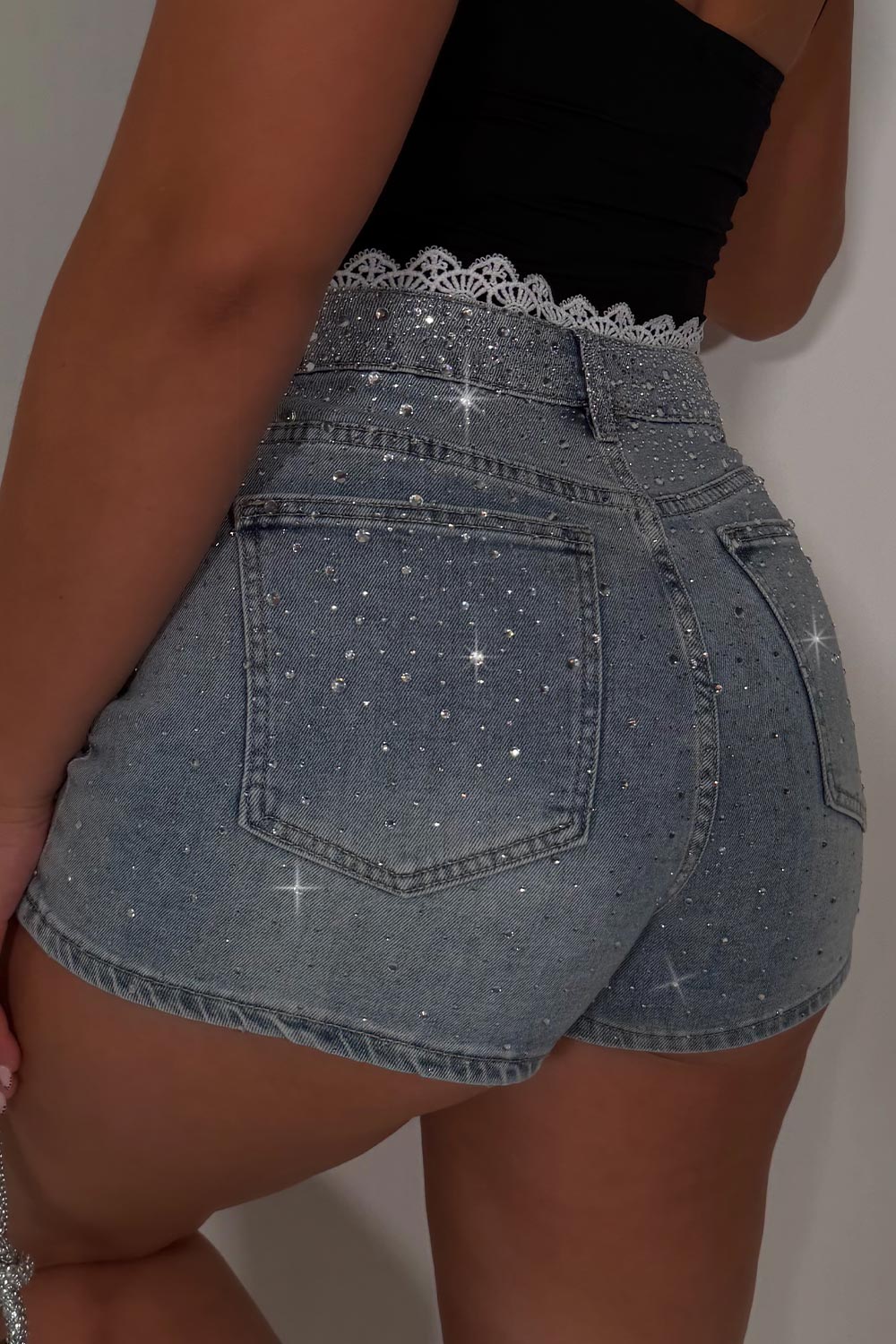 lace trim denim shorts with rhinestones applique styledup uk