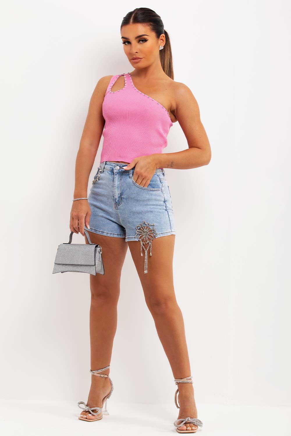 light blue denim shorts with diamante detail