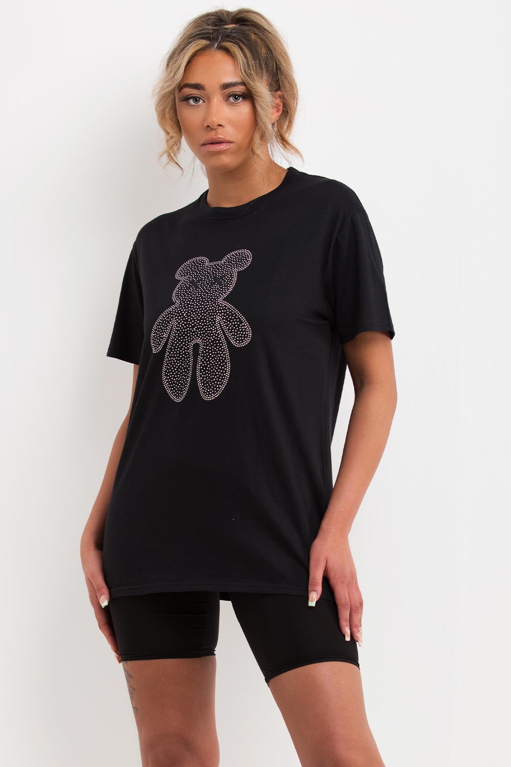 womens rhinestone diamante t shirt black