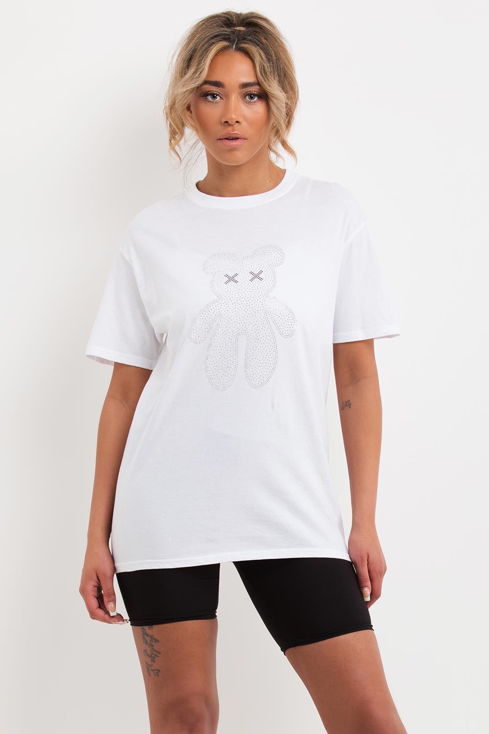white oversized t shirt with diamante teddy bear