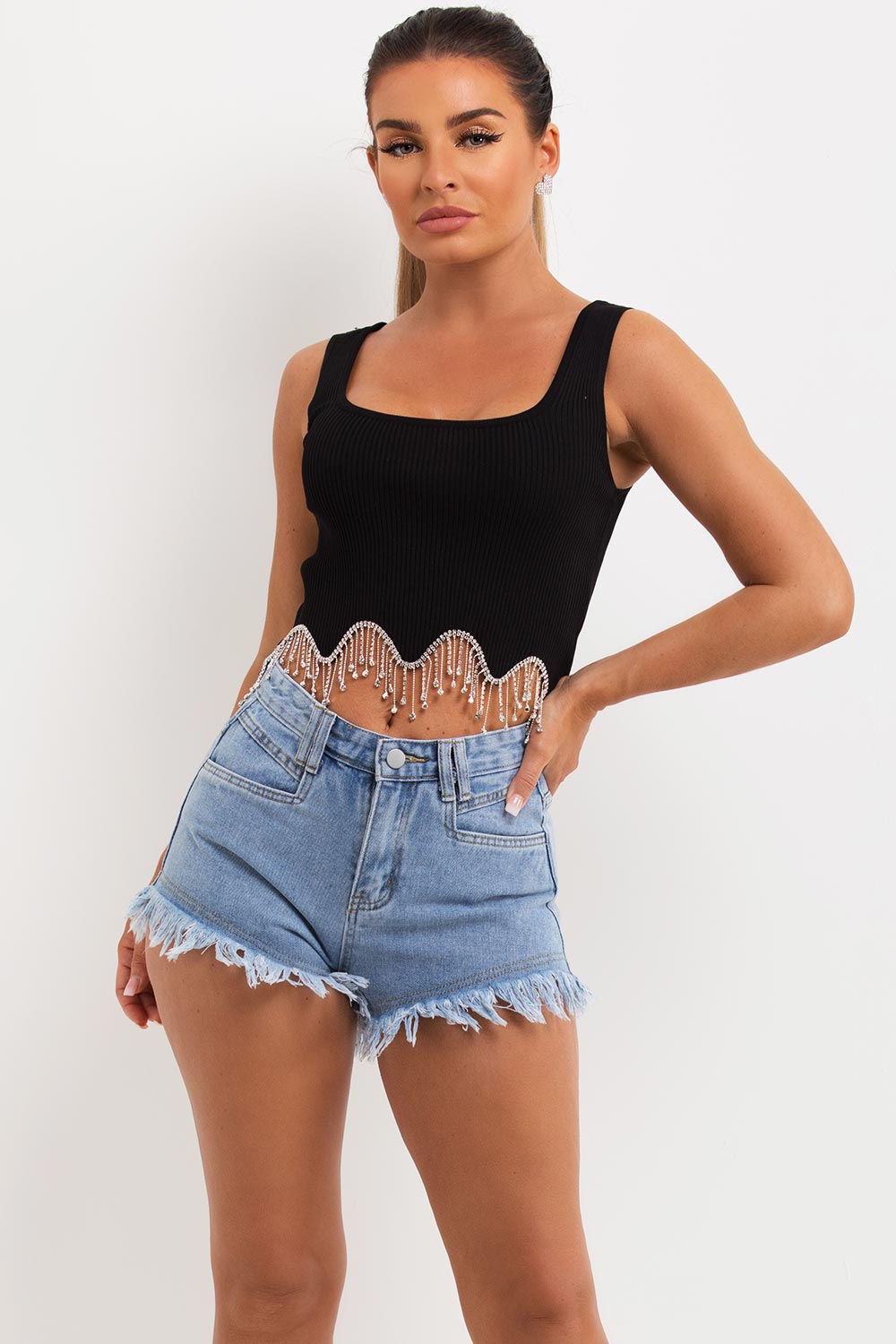 zara diamante trim ribbed crop top