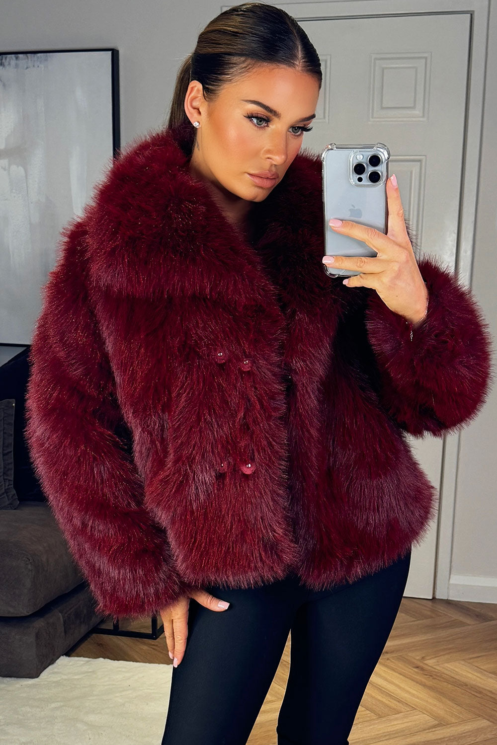river island short faux fur plush jacket burgundy