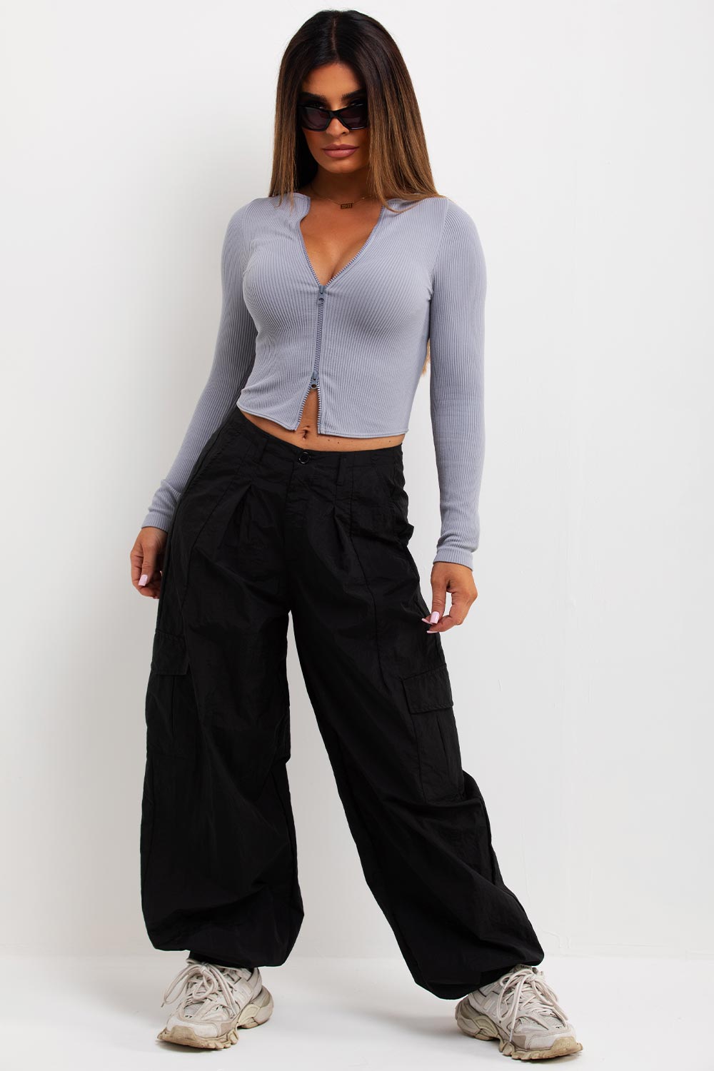 contour ribbed double zip top with dip hem