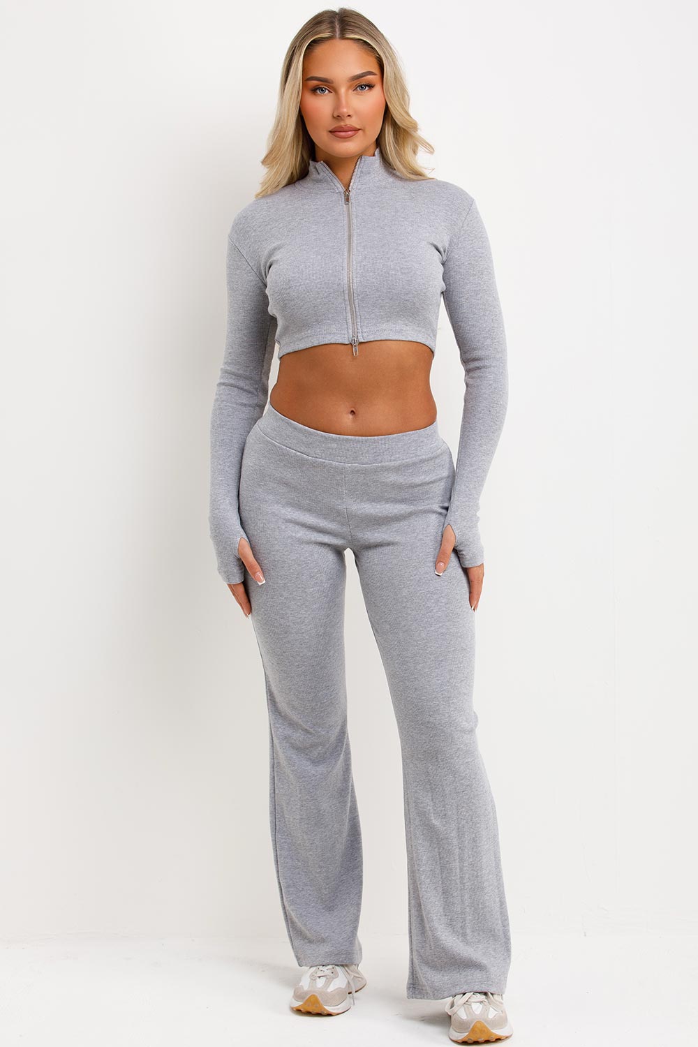 rib double zip loungewear set womens tracksuit
