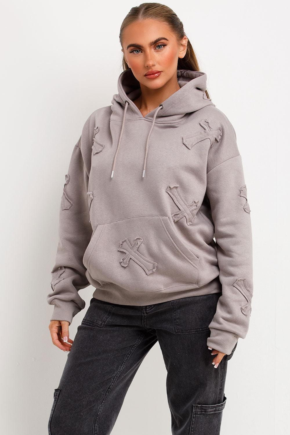 womens cross applique hoodie styledup