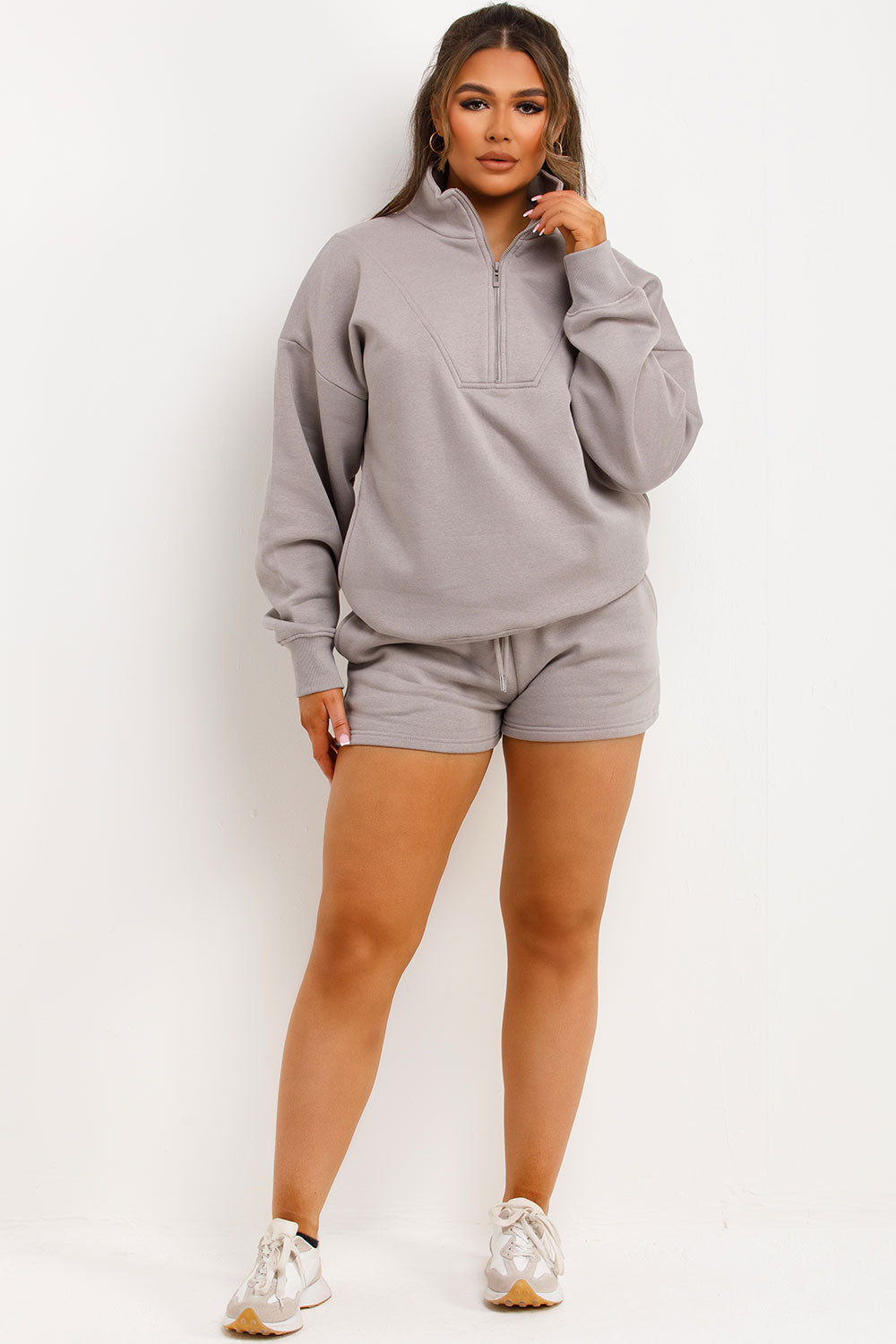 womens shorts and half zip sweatshirt tracksuit set