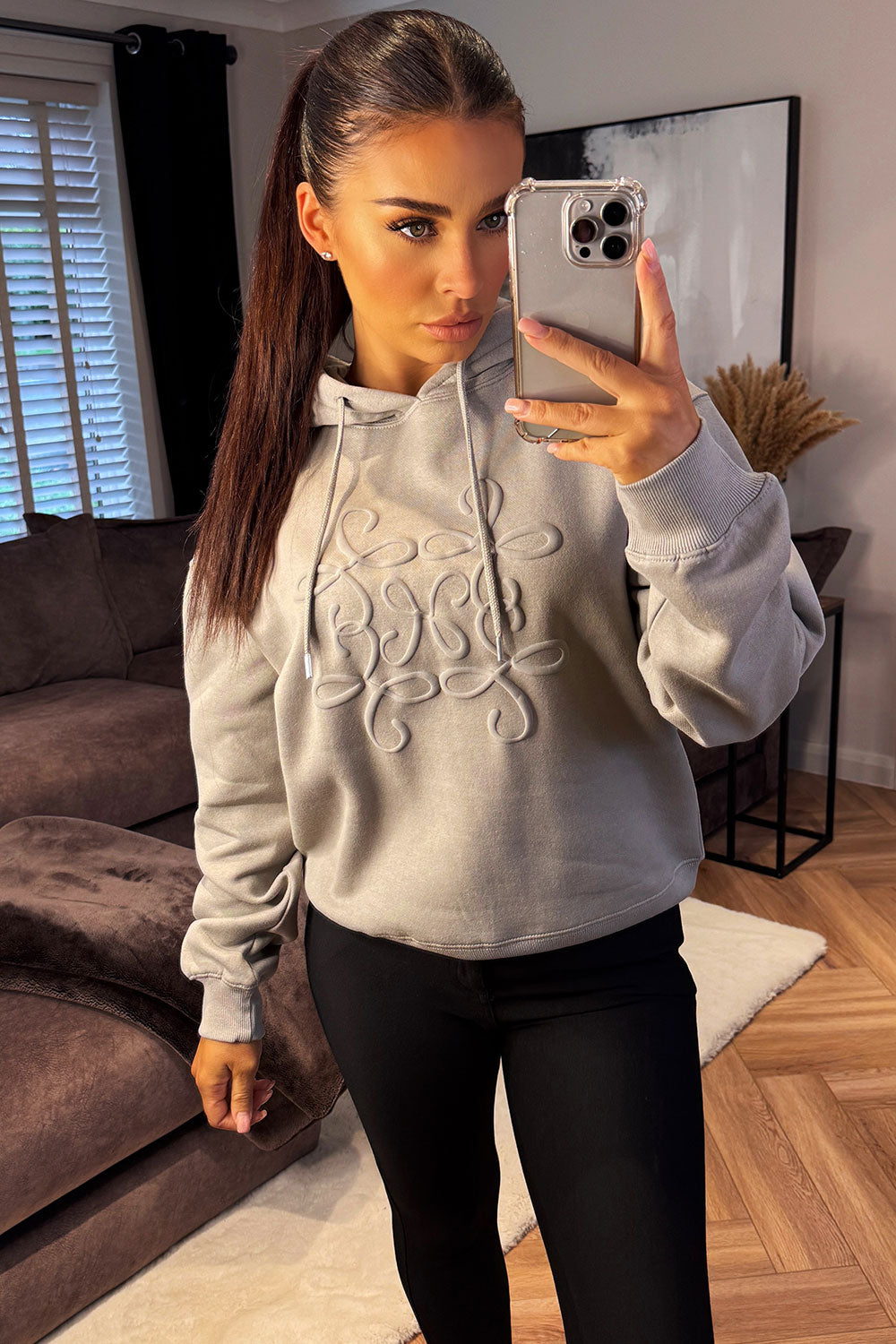 Hoodie With Swirl Embossed Detail Dove Grey