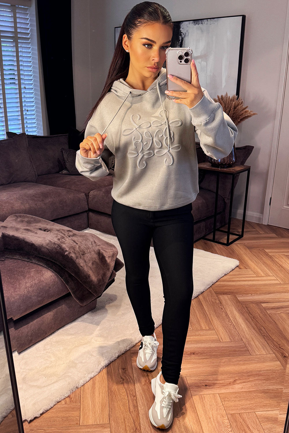 Hoodie With Swirl Embossed Detail Dove Grey