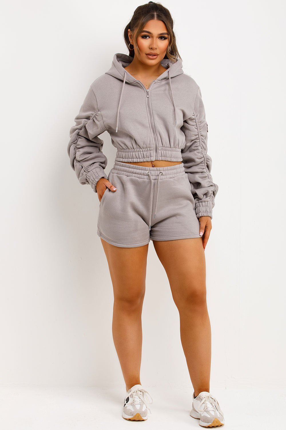 short tracksuit womens crop zip hoodie with ruched sleeves and shorts two piece set