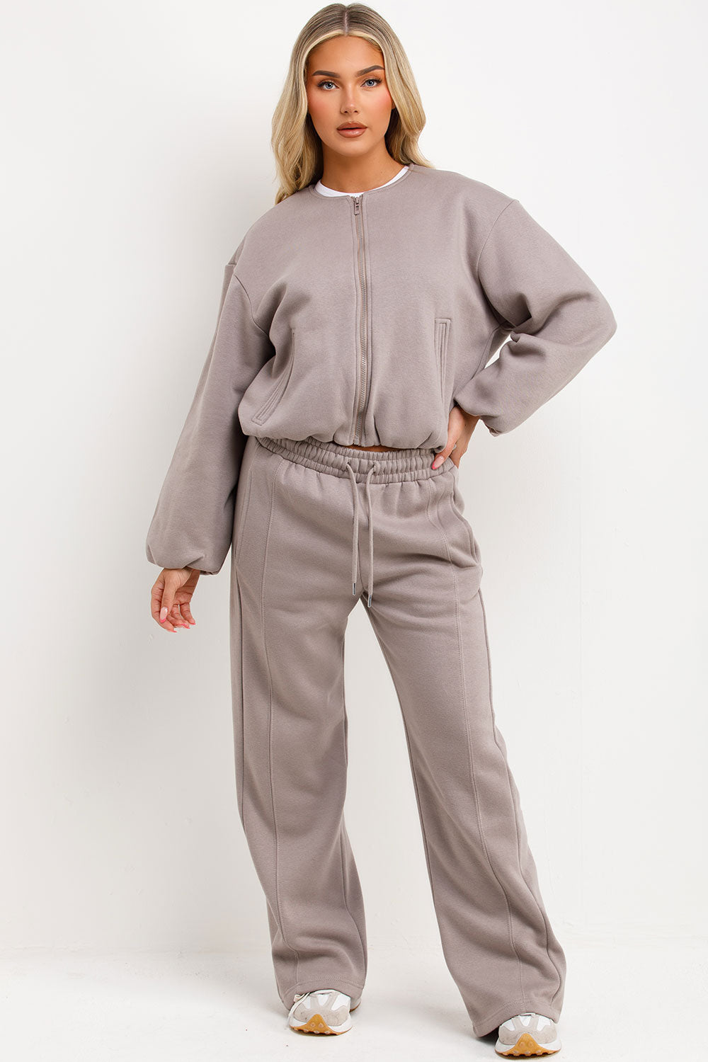 zara womens soft bomber jacket and joggers tracksuit set grey