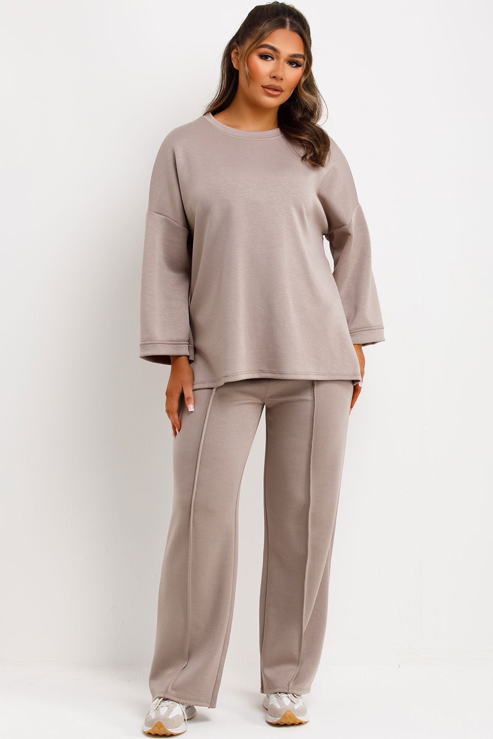 seam detail straight leg trousers and long sleeve oversized top two piece loungewear set womens