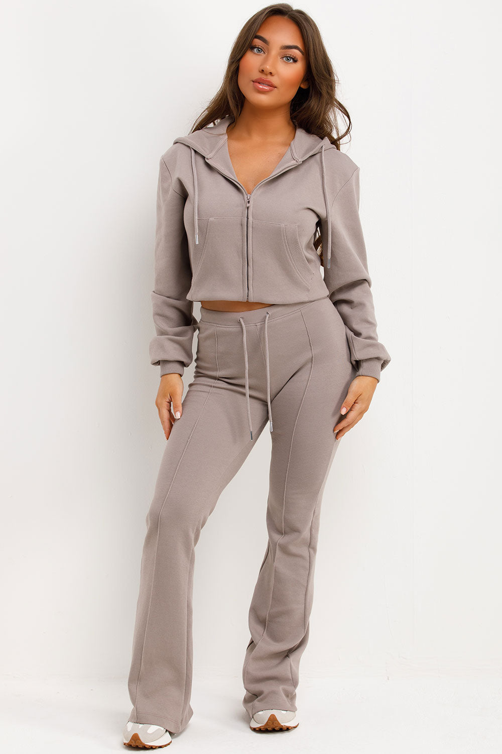 zara womens stitched interlock bell bottom trousers and crop sweatshirt loungewear set styledup