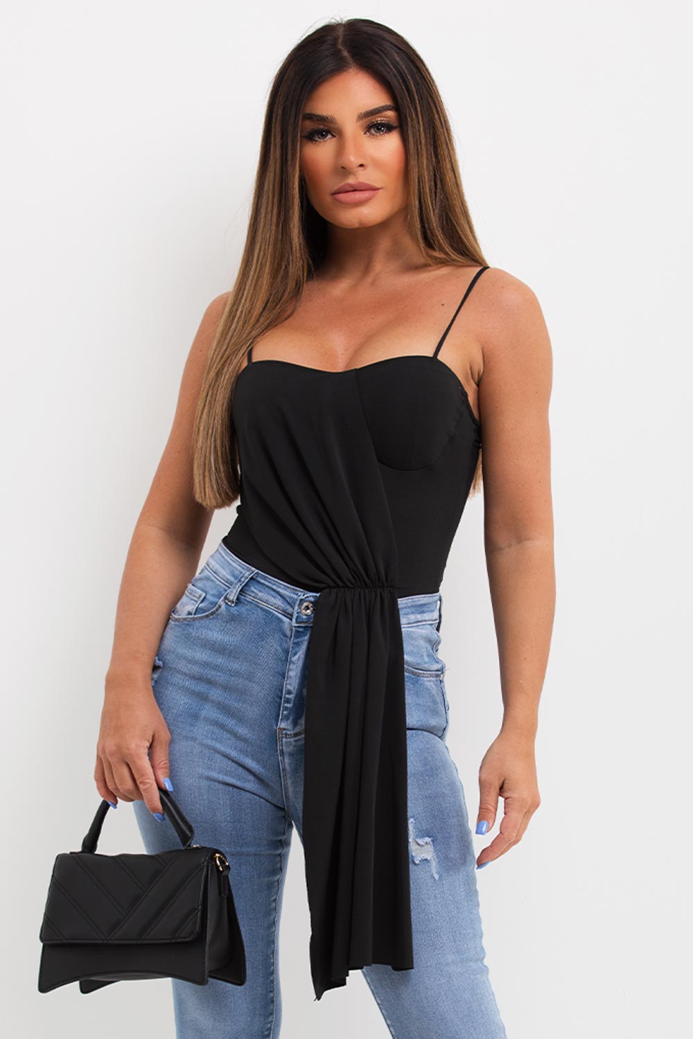 black bodysuit with drape detail uk