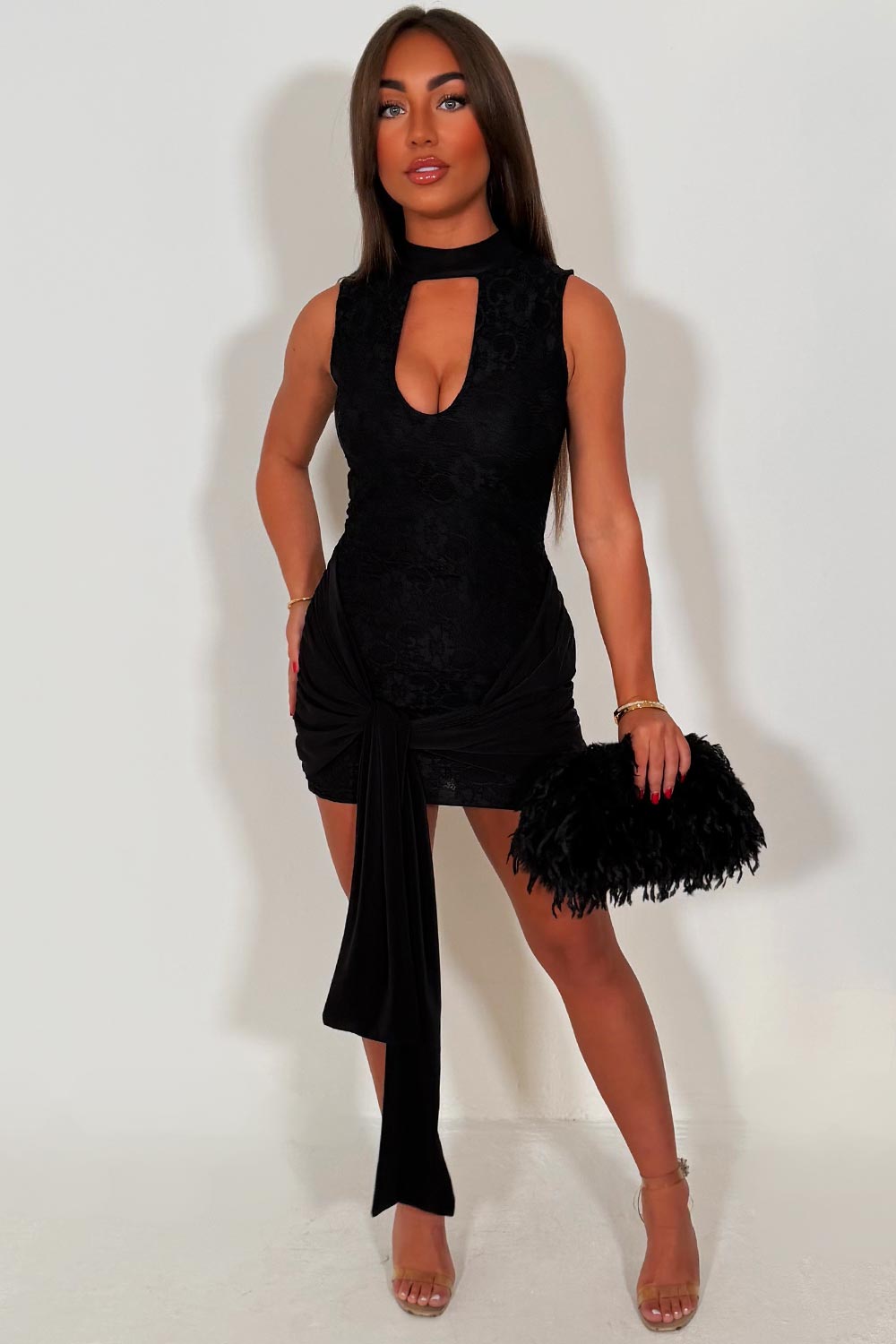 black lace mini dress with drape detail christmas party new years eve occasion outfit