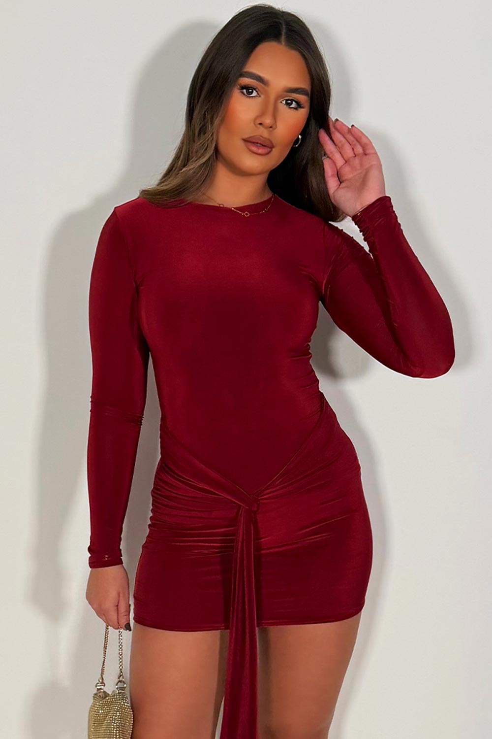 date night dress with long sleeves and drape detail styledup going out outfit