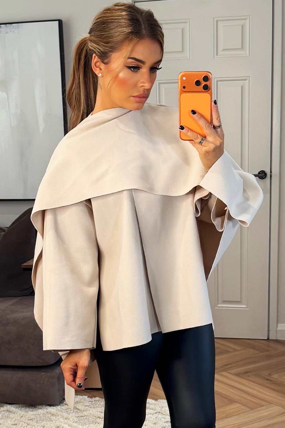 womens cape coat with scarf beige poncho zara