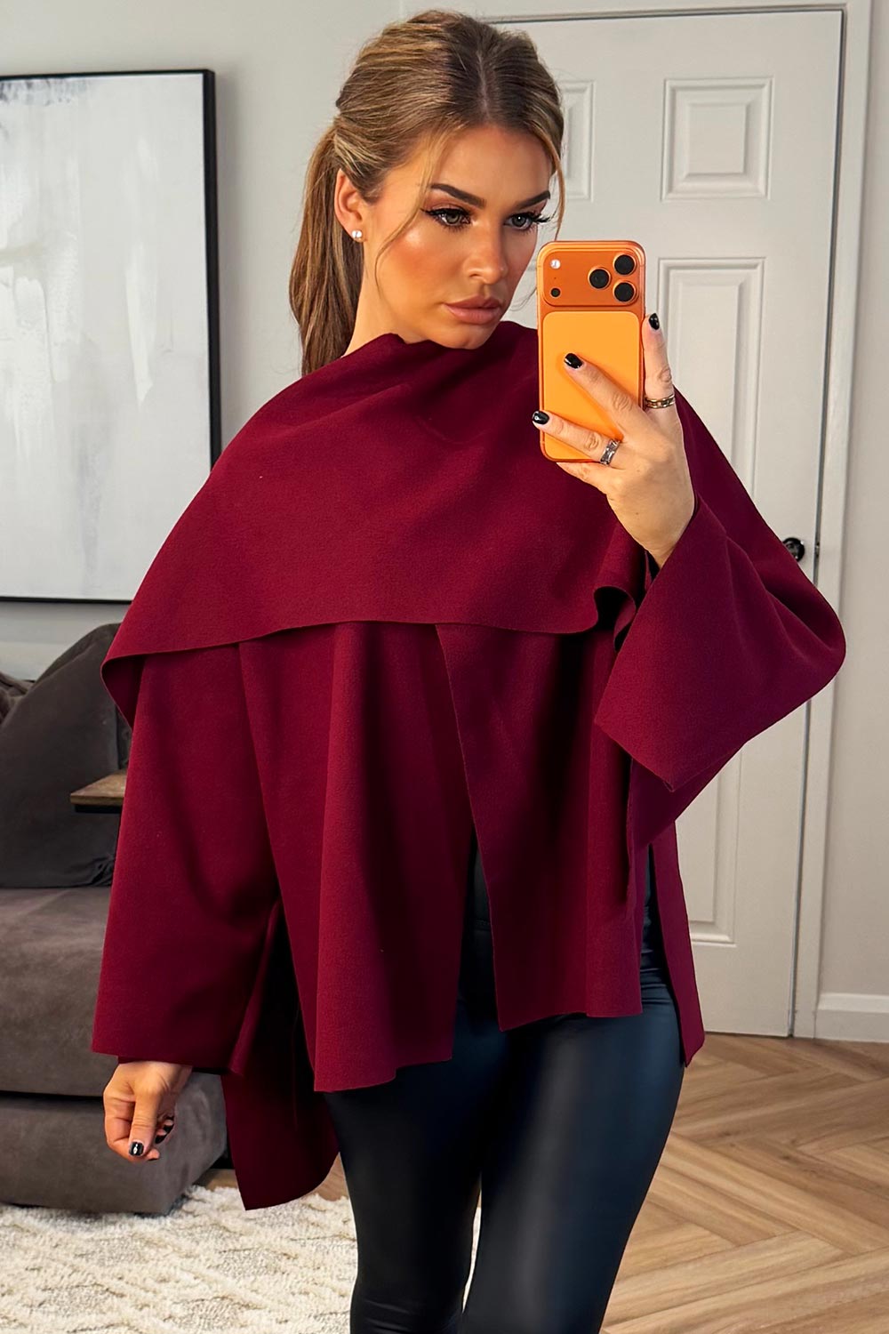 womens cape coat with scarf burgundy poncho zara