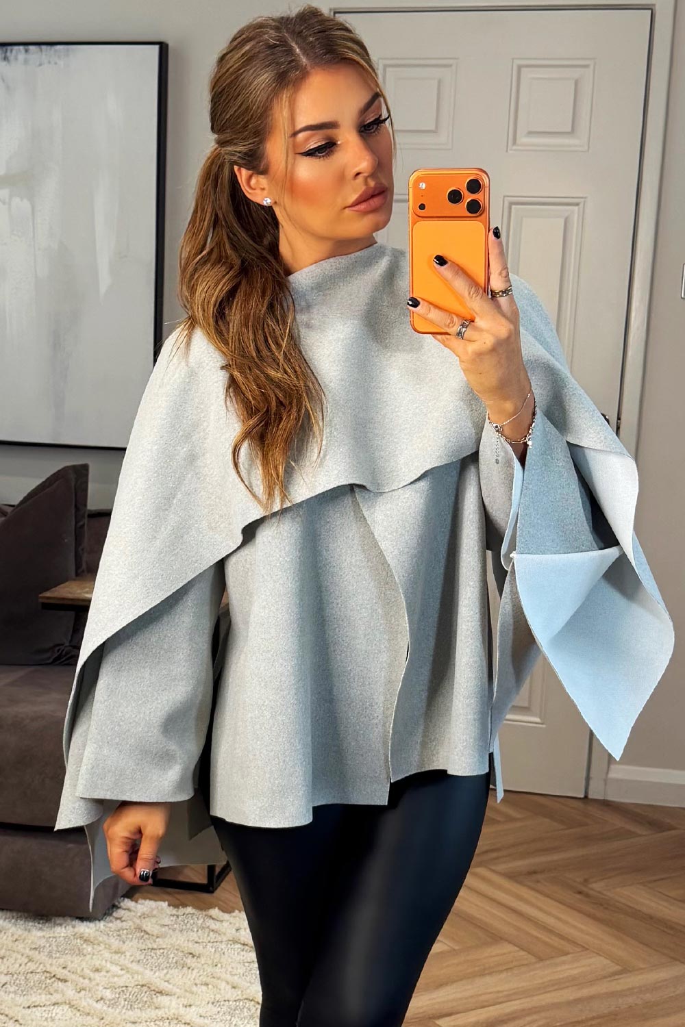 womens cape coat with scarf grey poncho zara