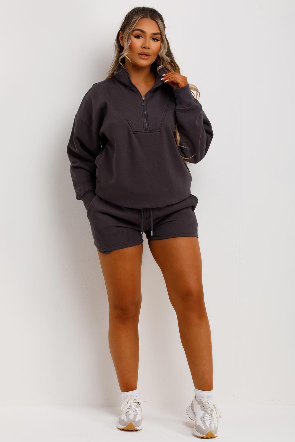 womens shorts tracksuit half zip sweatshirt and runner shorts set