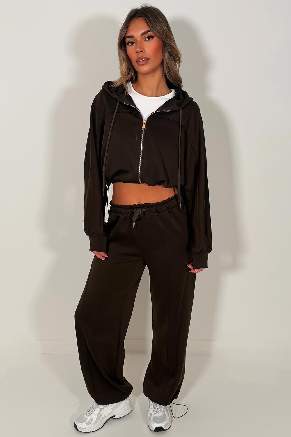 womens brown zip up oversized hoodie and joggers two piece tracksuit co ord set styledup