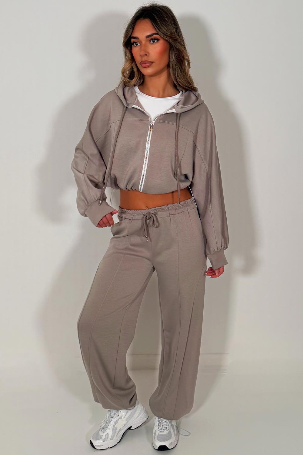 womens dove grey zip up oversized hoodie with adjustbale drawstring waist and matching oversized joggers with adjustable drawstring hem tracksuit loungewear set styledup