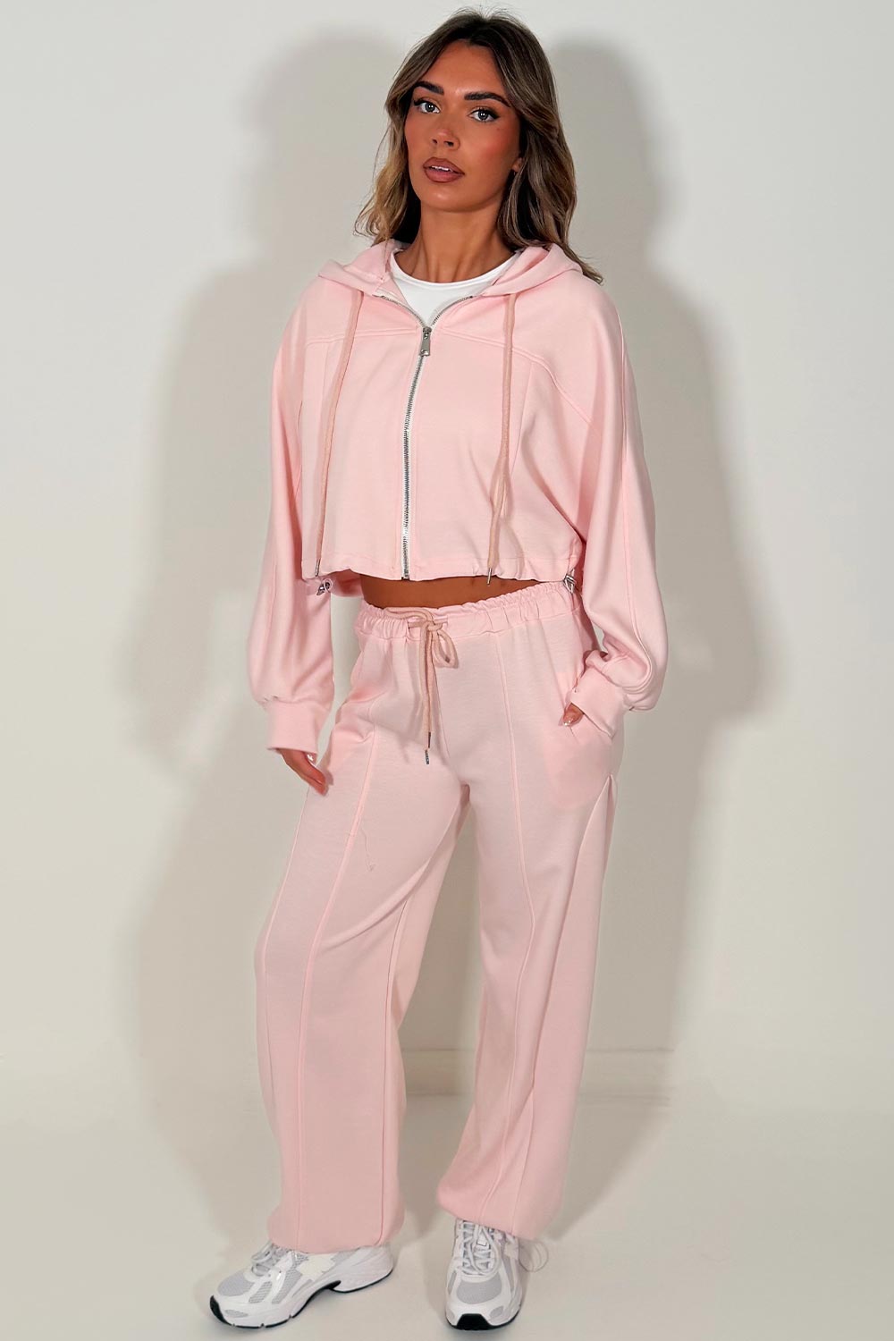pink oversized zip up crop hoodie and joggers tracksuit co ord for womens casual outfit airport outfit styledup