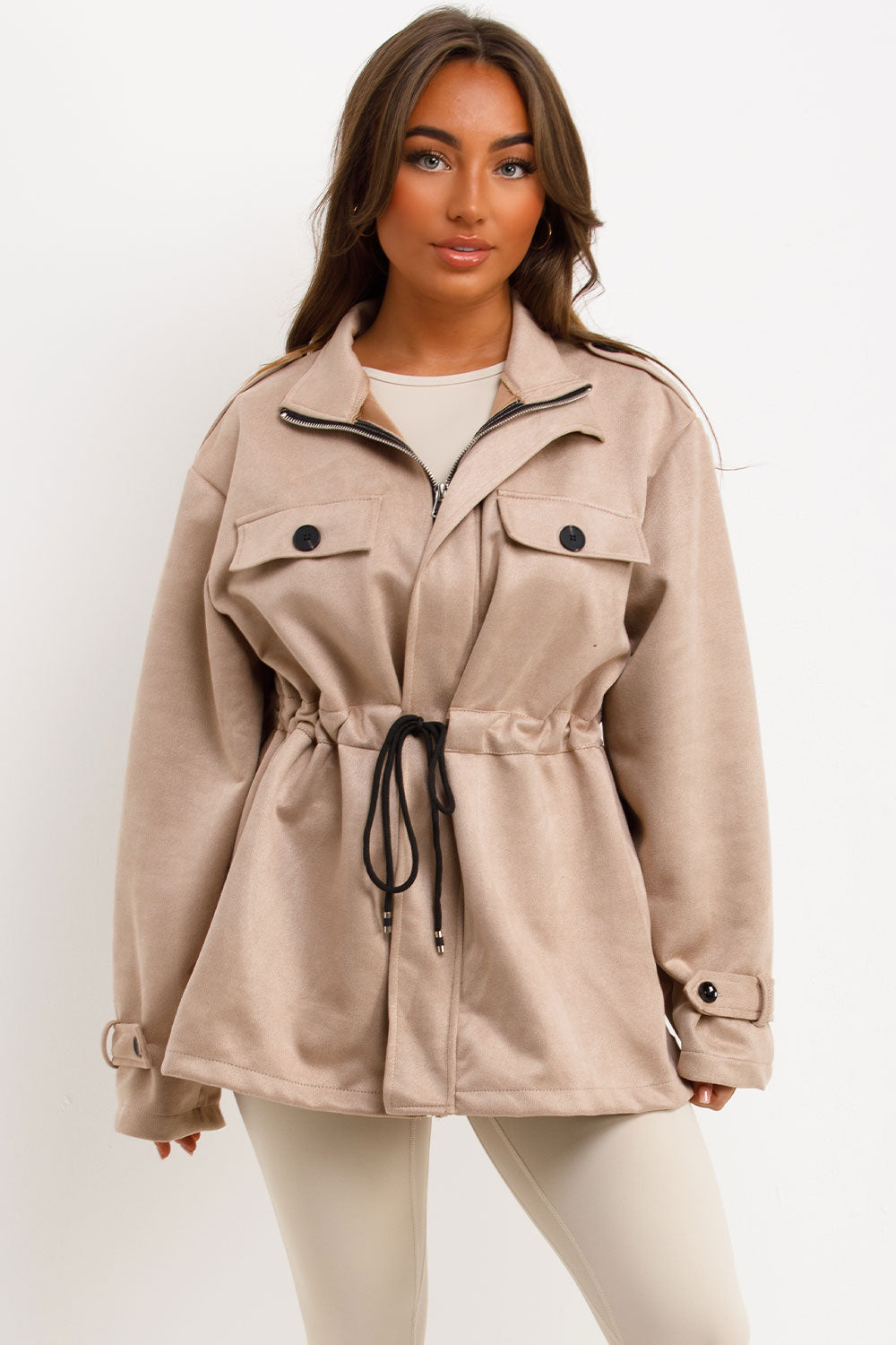 womens zara faux suede jacket with drawstring waist styledup