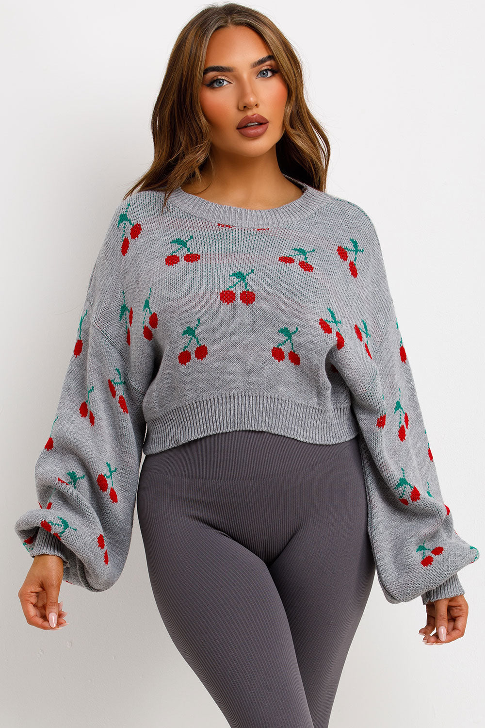 crop knitted jumper with cherry detail all over