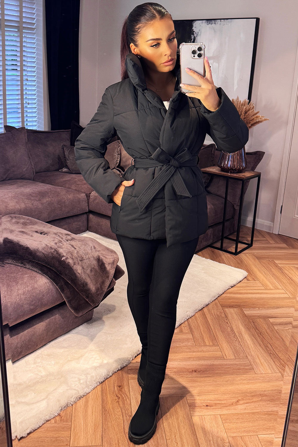 womens duvet jacket with belt