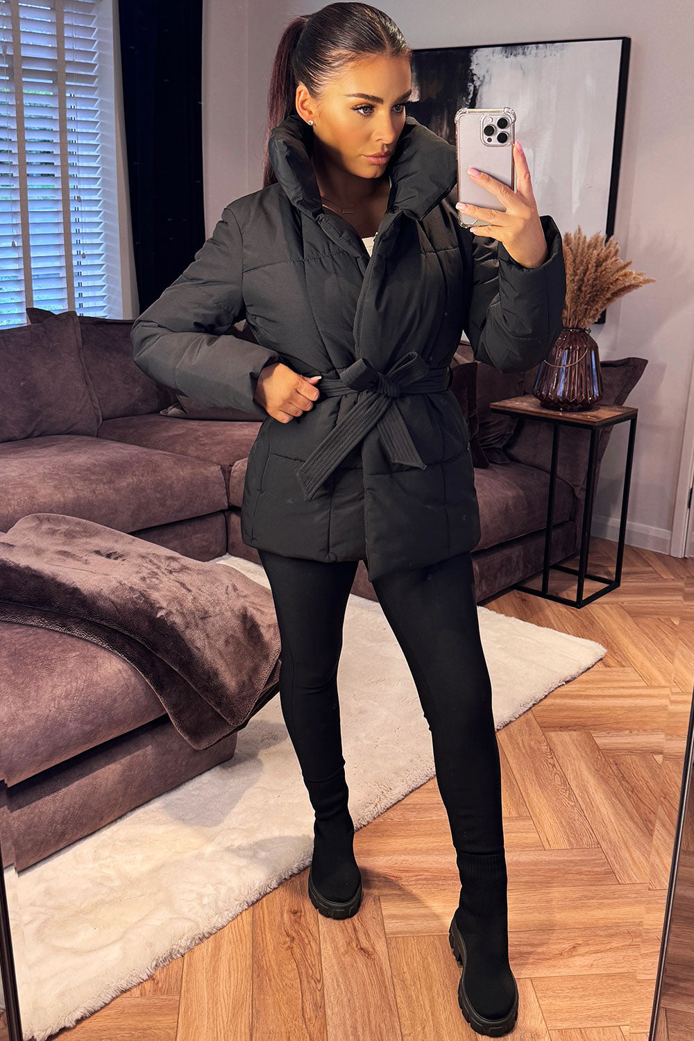 womens padded puffer duvet jacket with belt styledup