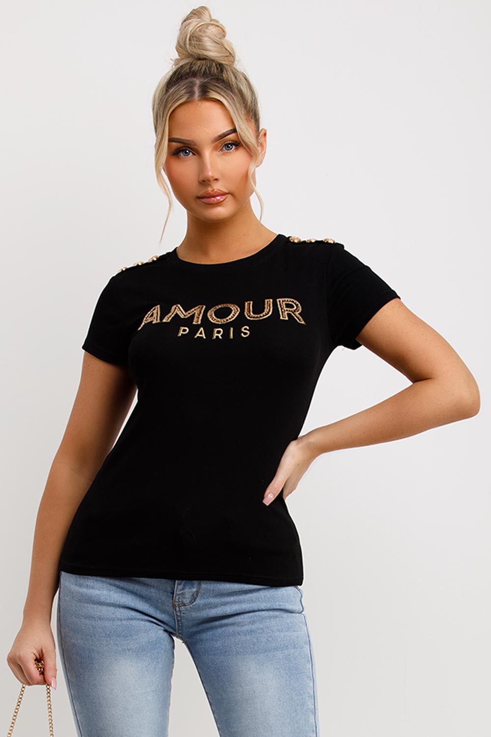 womens black t shirt with gold buttons and diamante amour paris slogan