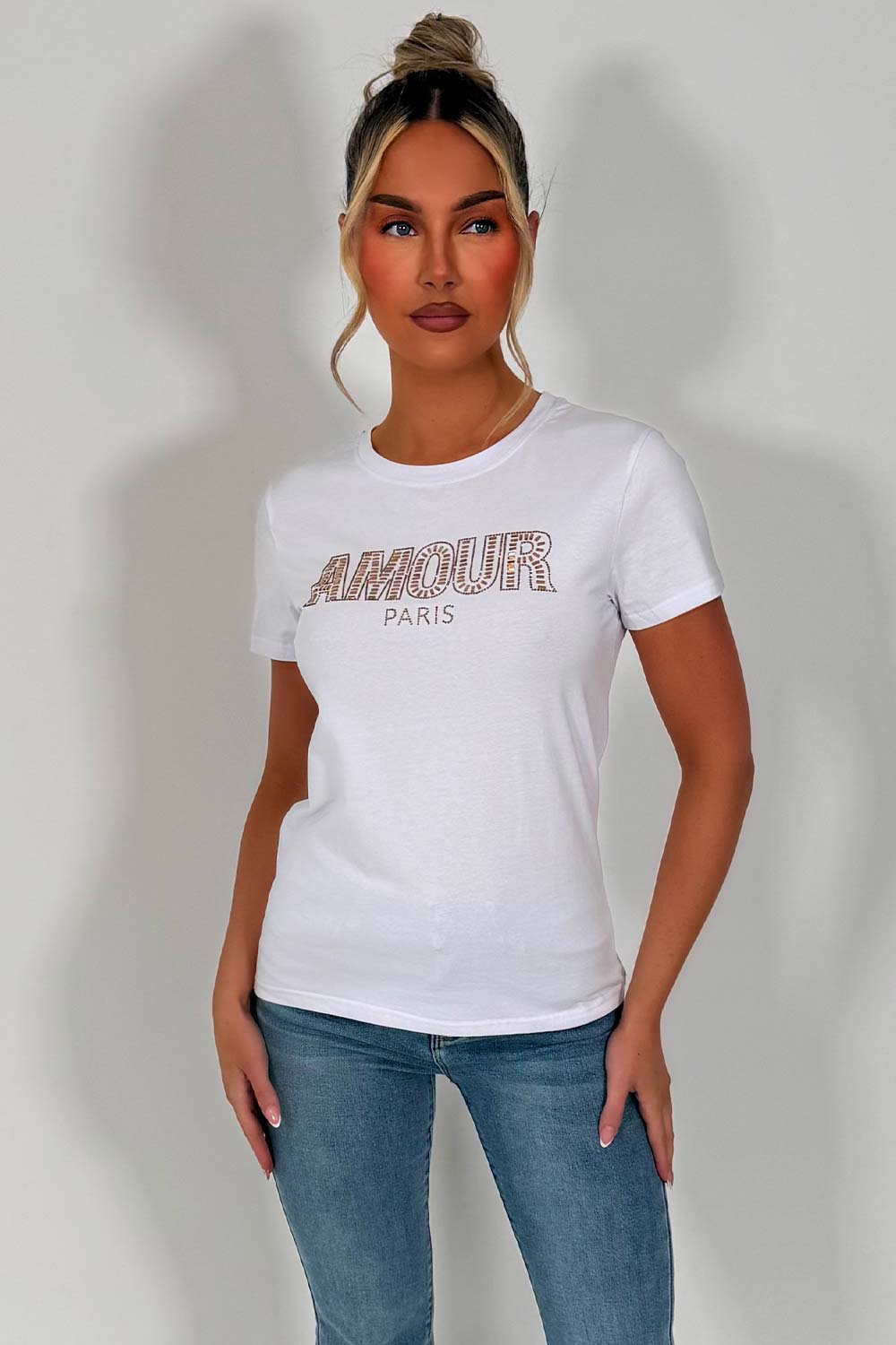 womens white t shirt with diamante rhinestone ammour embellishment styledup uk