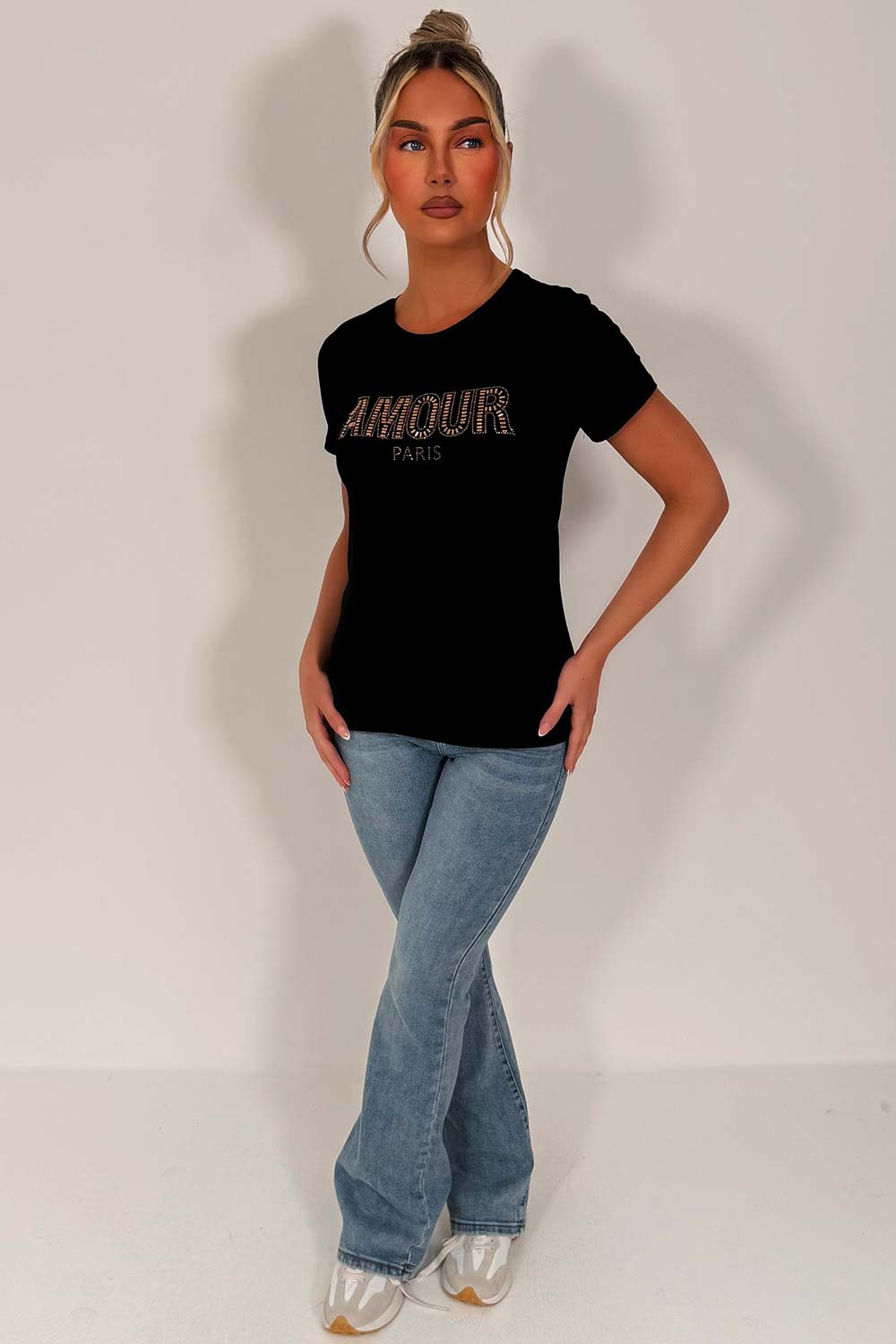 womens rhinestone diamante amour slogan embellishment t shirt black