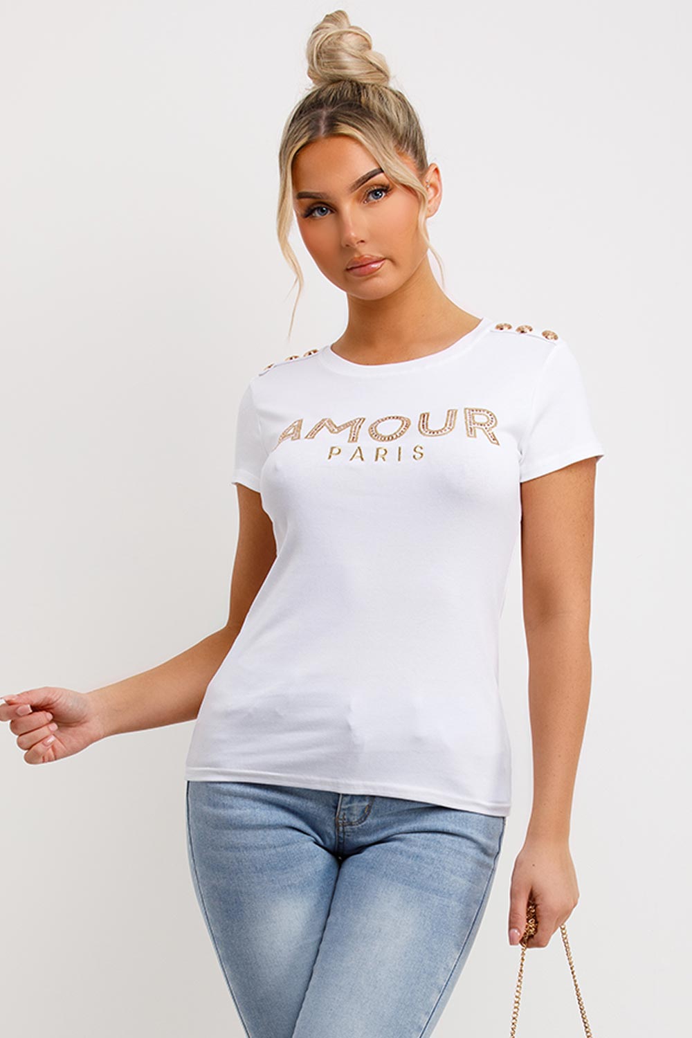 womens white t shirt with diamante amour paris slogan