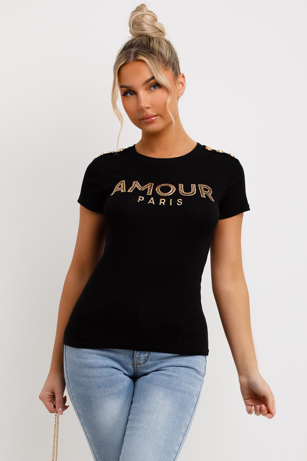 amour paris gold button diamante t shirt